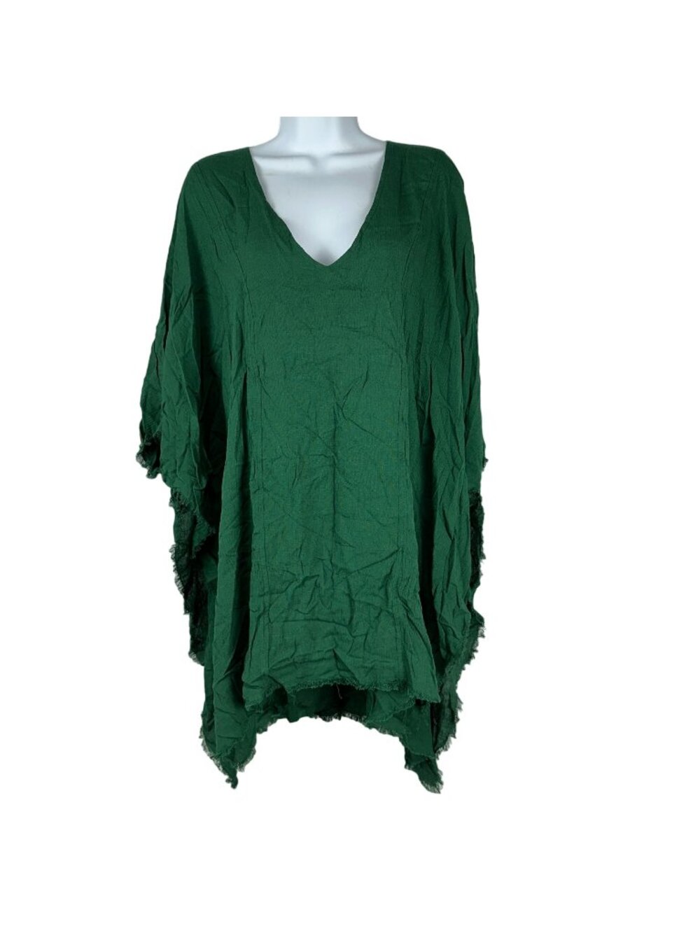 Remixmess Green V-Neck Frayed Hem Poncho Top Womens Large Rayon Lightweight Casu